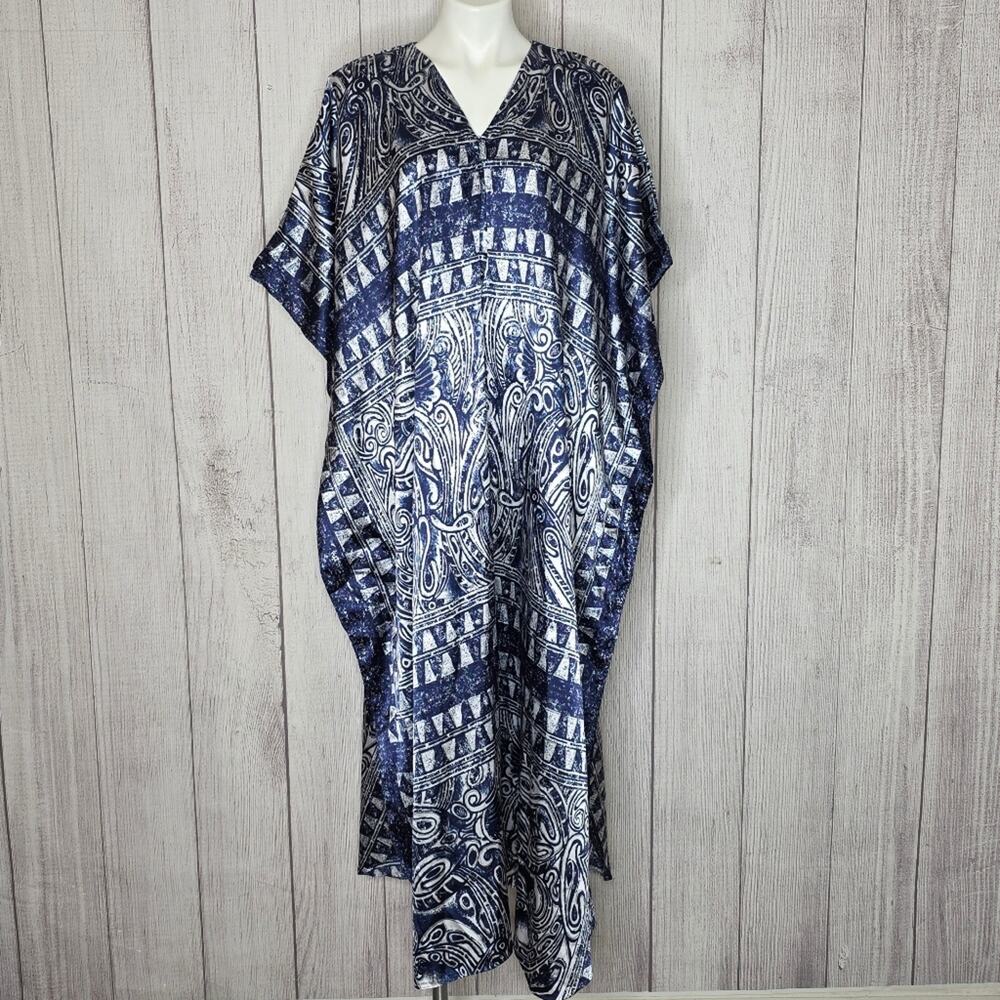 VTG Winlar Blue/White Tribal Abstract MuuMuu Kaftan Dress, OSFM